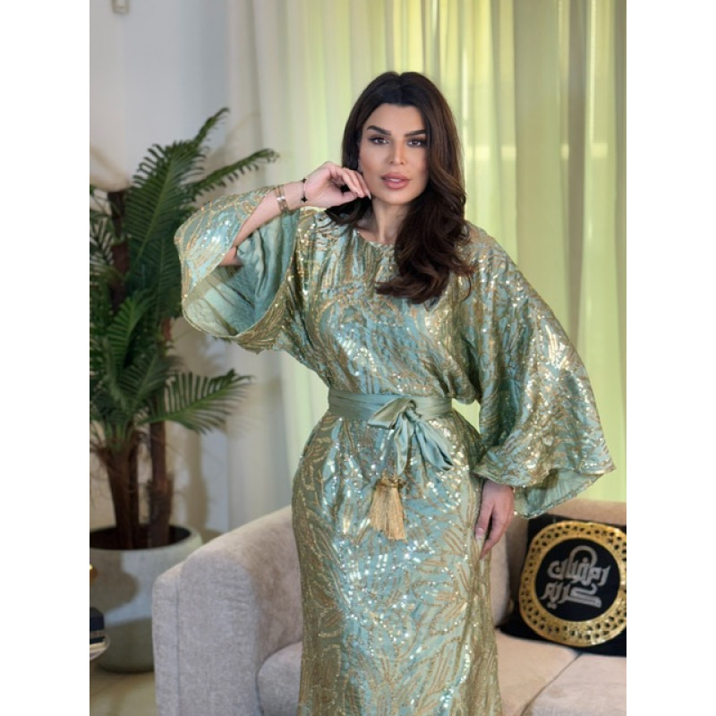 فستان اخضر فستقي  ناعم شك ذهبي 