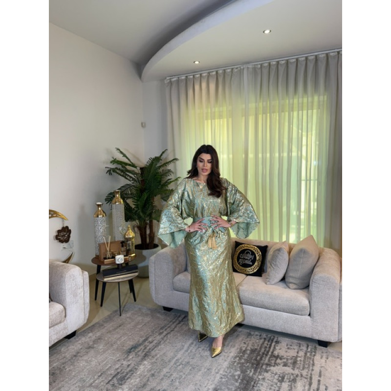 فستان اخضر فستقي  ناعم شك ذهبي 