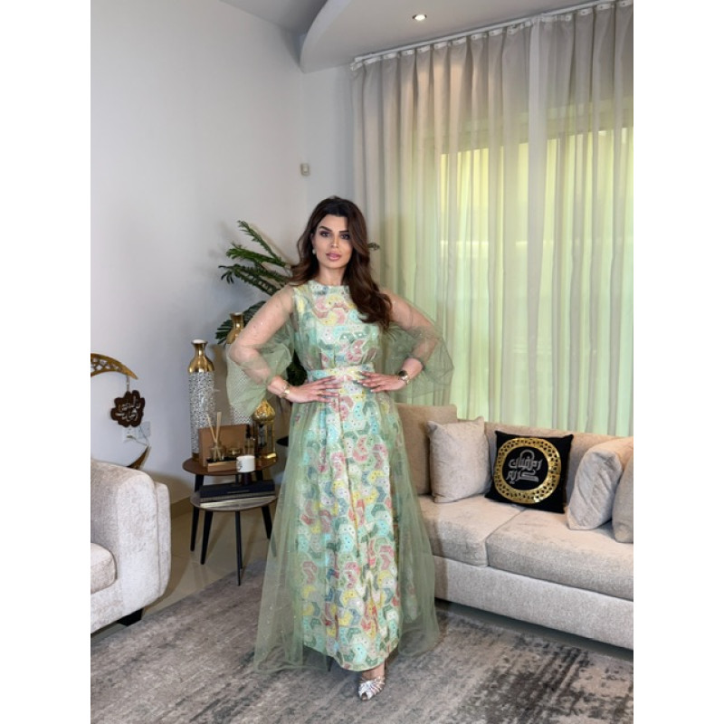 جلابيه اخضر فستقي مع تور 