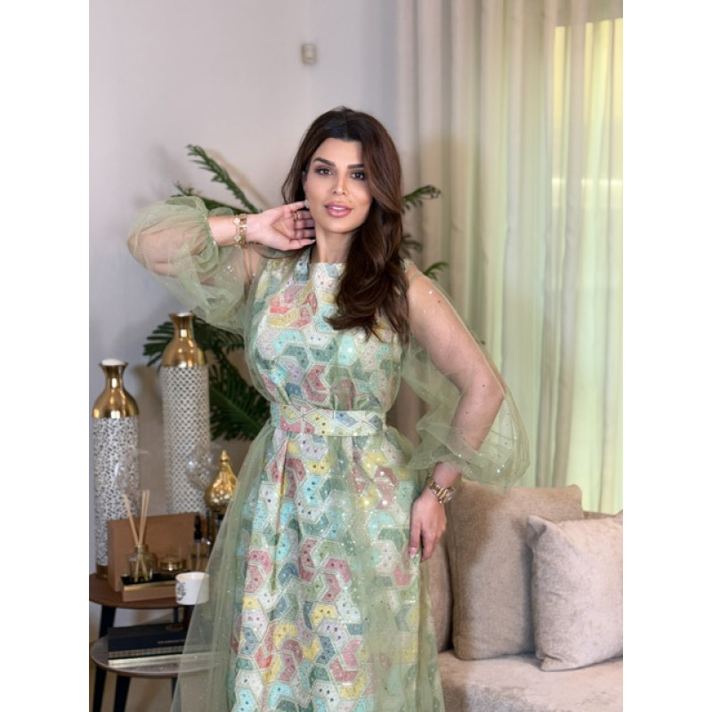 جلابيه اخضر فستقي مع تور 